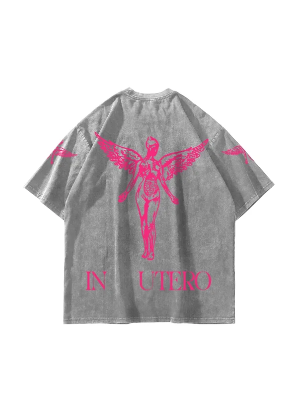 Nirvana In Utero Pembe Baskılı Oversize Unisex Yıkamalı Beyaz Tshirt