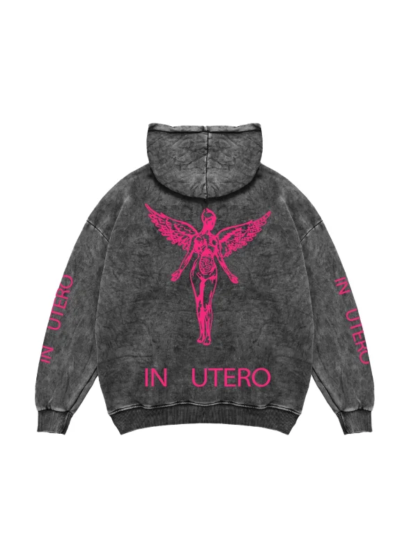 Nirvana In Utero Pembe Baskılı Oversize Unisex Yıkamalı Siyah Hoodie