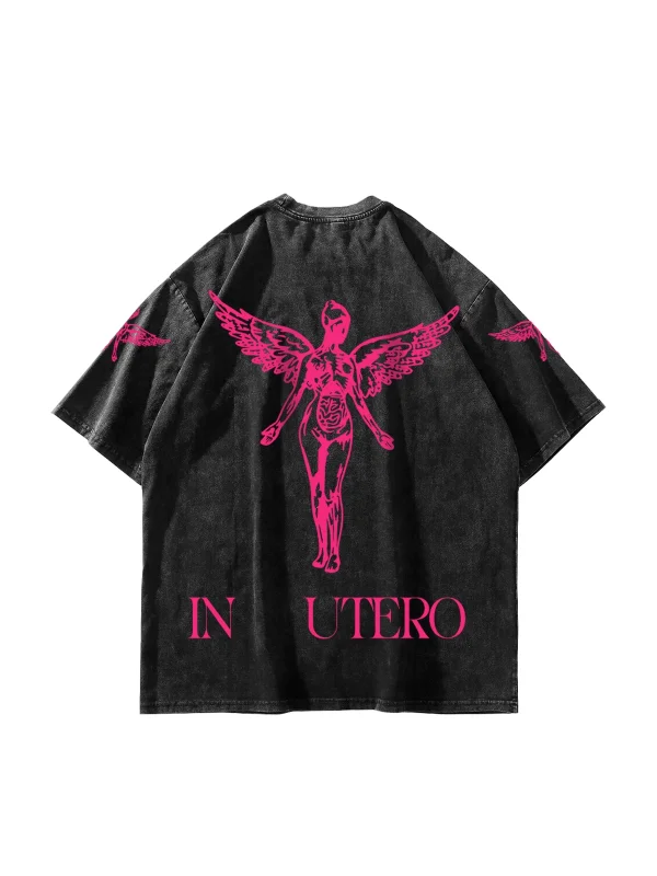 Nirvana In Utero Pembe Baskılı Oversize Unisex Yıkamalı Siyah Tshirt
