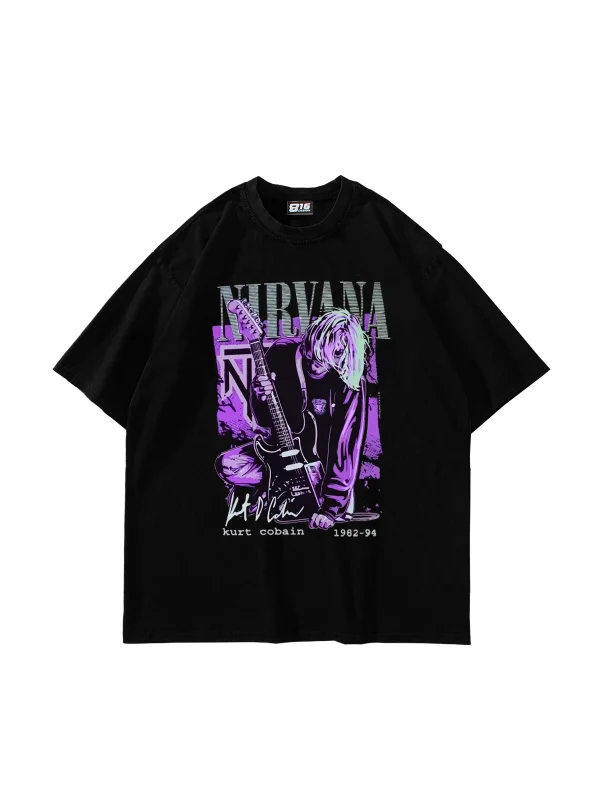 Nirvana Kurt Cobain Baskılı 24/1 Oversize Unisex Siyah Tshirt