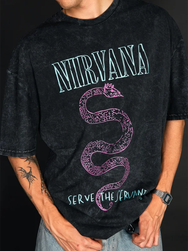 Nirvana Serve The Servants Baskılı Yıkamalı Siyah Oversize Unisex Tshirt