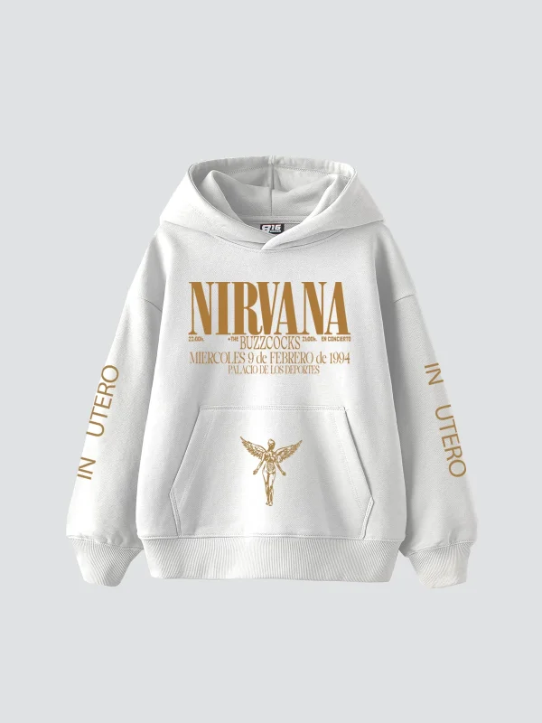 Nirvana Sırt Baskılı Unisex Oversize Beyaz Hoodie
