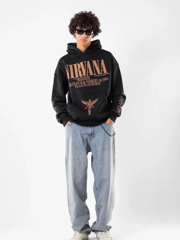 Nirvana Sırt Baskılı Unisex Oversize Siyah Hoodie