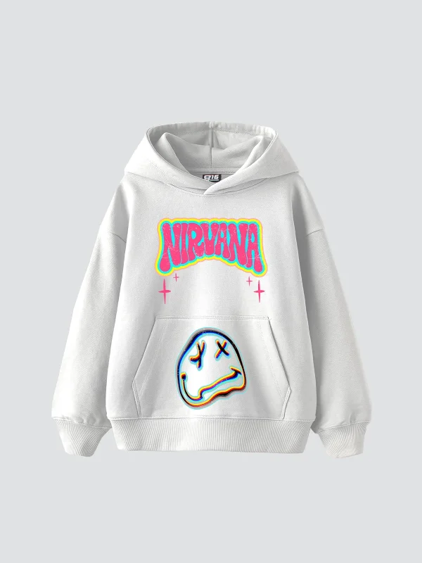 Nirvana Smile Baskılı Oversize Unisex Beyaz Hoodie