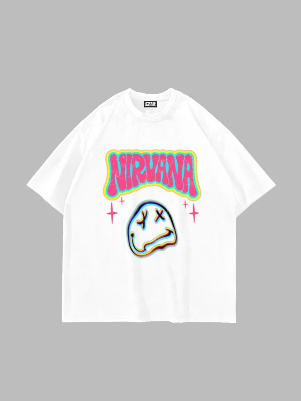Nirvana Smile Baskılı Oversize Unisex Beyaz Tshirt