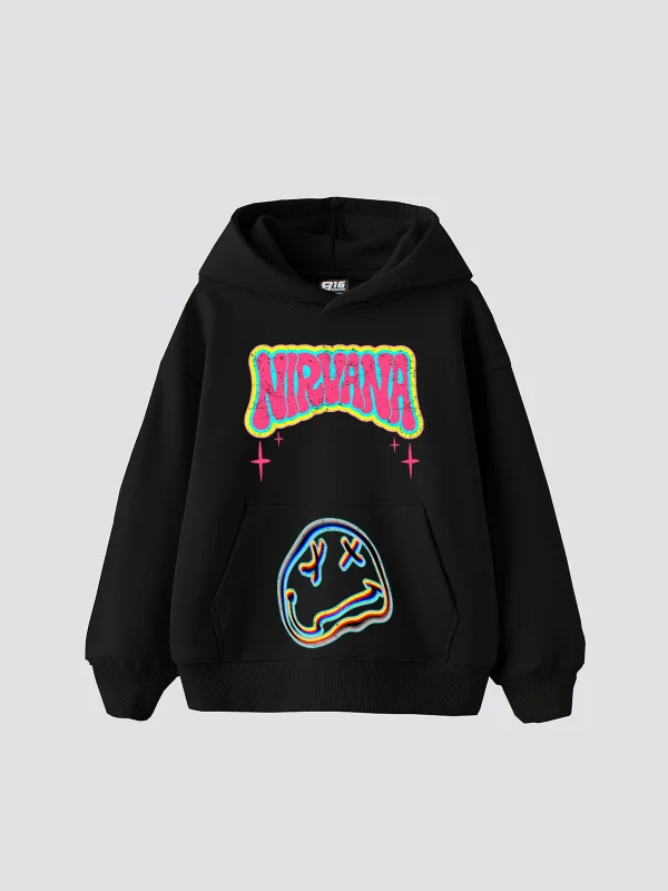 Nirvana Smile Baskılı Oversize Unisex Siyah Hoodie