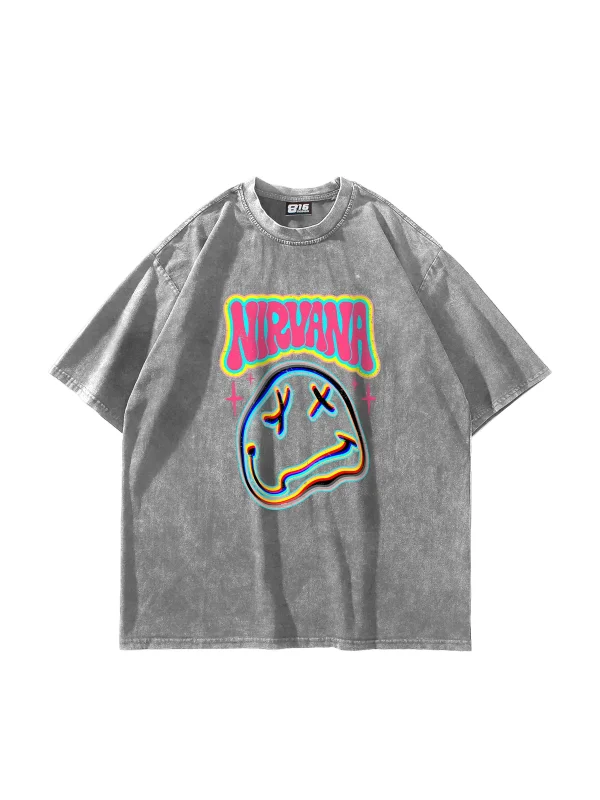Nirvana Smile Baskılı Oversize Unisex Yıkamalı Beyaz Tshirt