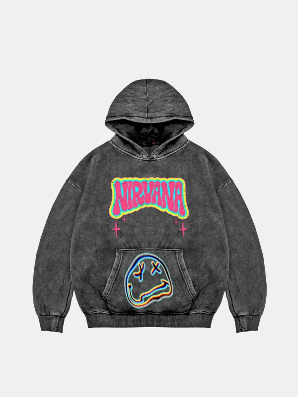 Nirvana Smile Baskılı Oversize Unisex Yıkamalı Siyah Hoodie