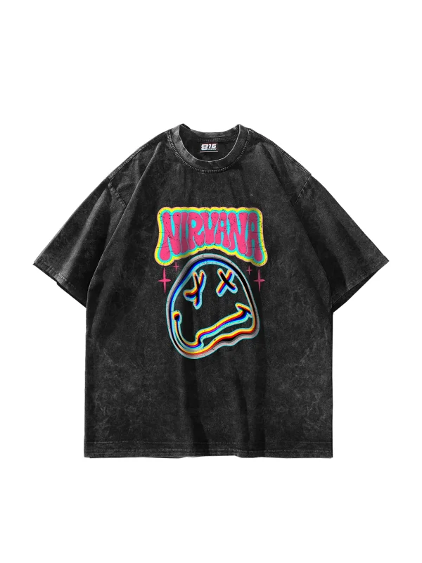 Nirvana Smile Baskılı Oversize Unisex Yıkamalı Siyah Tshirt