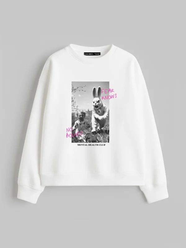 No Bounds Baskılı Kapüşonsuz Relaxed Fit Kadın Beyaz Sweatshirt