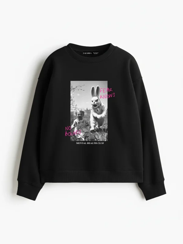 No Bounds Baskılı Kapüşonsuz Relaxed Fit Kadın Siyah Sweatshirt