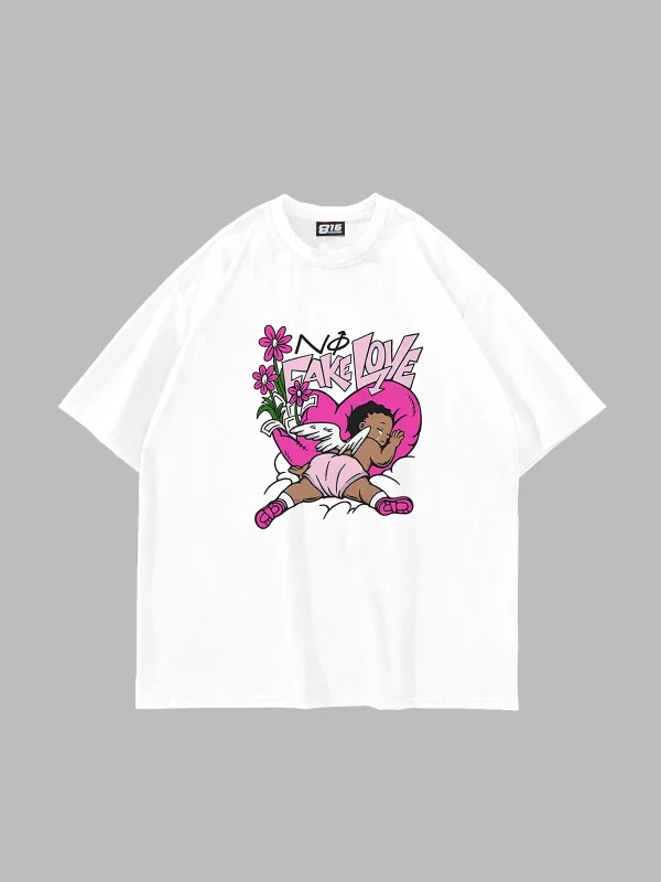 No Fake Love Baskılı Oversize Unisex Beyaz Tshirt