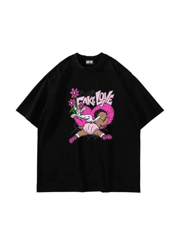 No Fake Love Baskılı Oversize Unisex Siyah Tshirt
