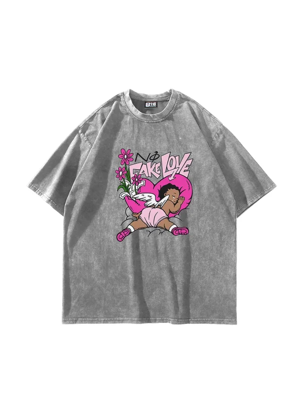 No Fake Love Baskılı Oversize Unisex Yıkamalı Beyaz Tshirt