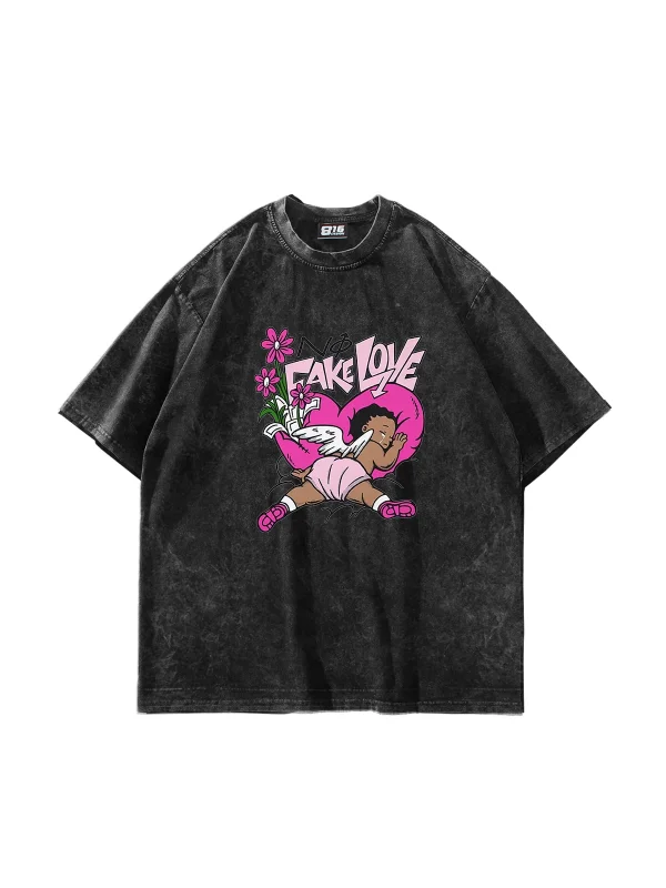 No Fake Love Baskılı Oversize Unisex Yıkamalı Siyah Tshirt