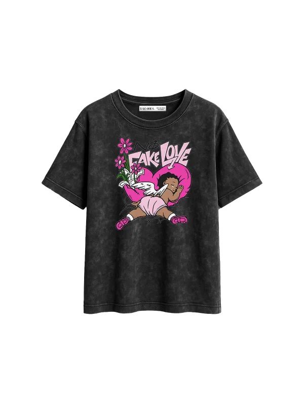 No Fake Love Baskılı Relaxed Fit Yıkamalı Siyah Kadın Tshirt