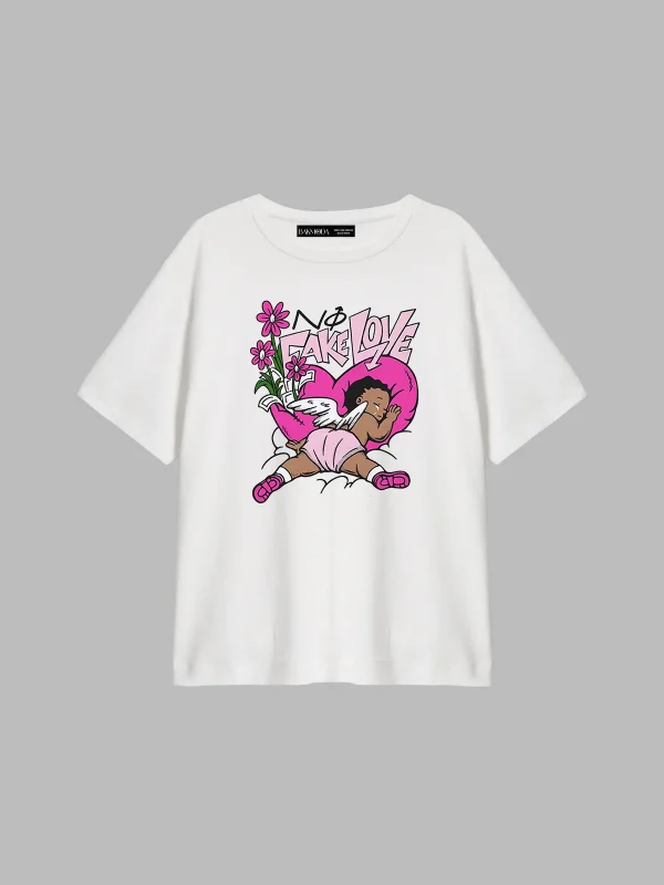No Fake No Love Baskılı Relaxed Fit Beyaz Kadın Tshirt