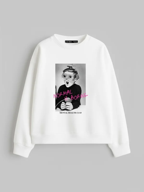 Normal Is Boring Baskılı Kapüşonsuz Relaxed Fit Kadın Beyaz Sweatshirt