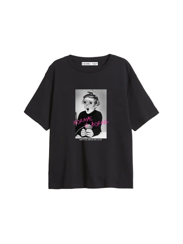 Normal Is Boring Baskılı Relaxed Fit Siyah Kadın Tshirt