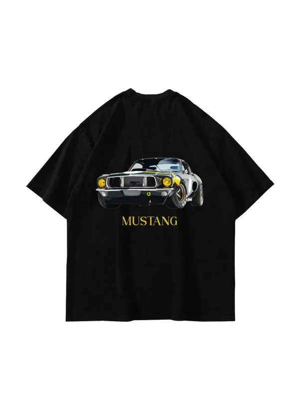 Old Mstng Baskılı Oversize Unisex Siyah Tshirt