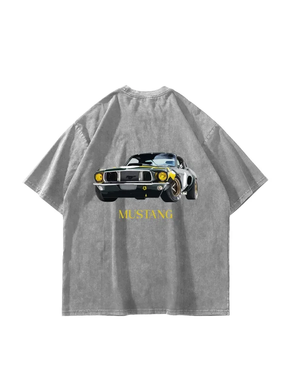 Old Mstng Baskılı Oversize Unisex Yıkamalı Beyaz Tshirt