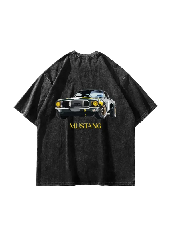 Old Mstng Baskılı Oversize Unisex Yıkamalı Siyah Tshirt