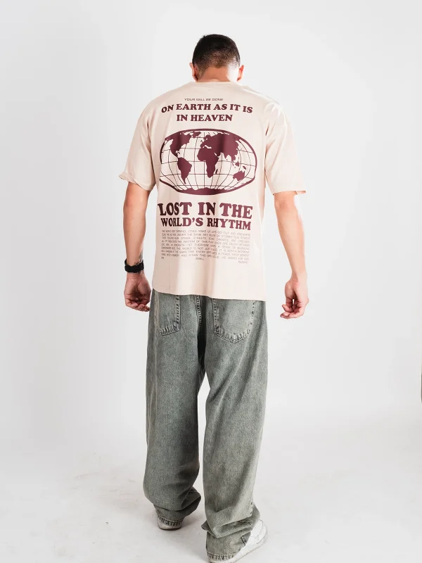 On Earth Graphic Sırt Baskılı Bej Oversize Unisex Tshirt