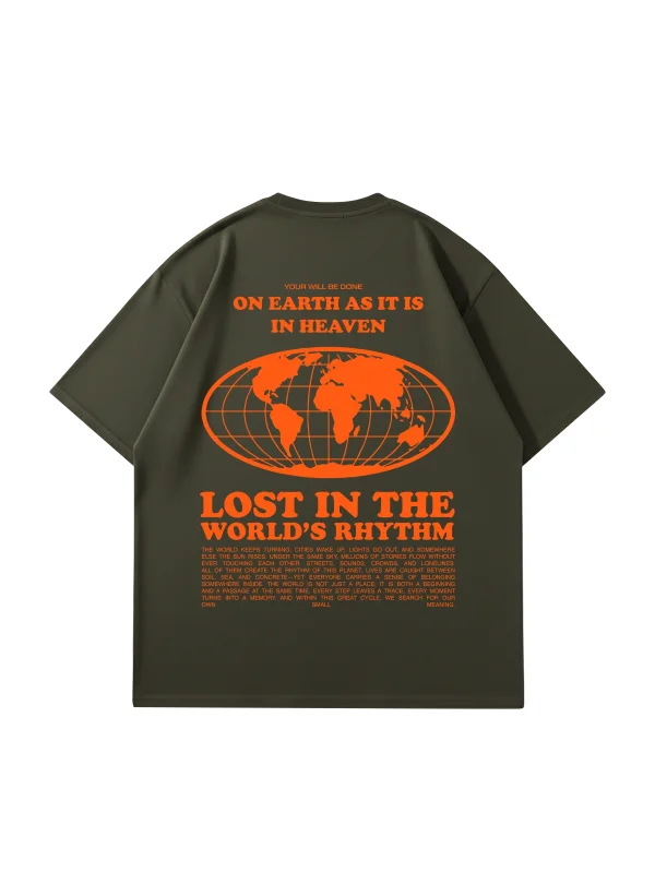 On Earth Graphic Sırt Baskılı Haki Oversize Unisex Tshirt