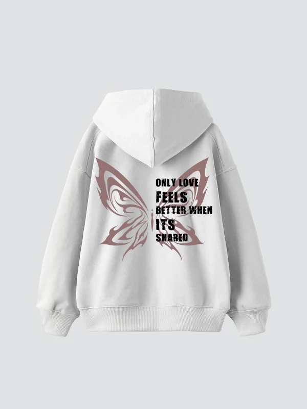Only Love Feels Baskılı Oversize Unisex Beyaz Hoodie