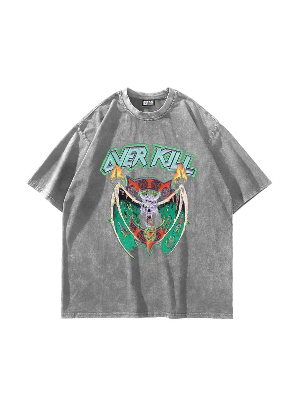 Over Kill Baskılı Oversize Unisex Yıkamalı Beyaz Tshirt