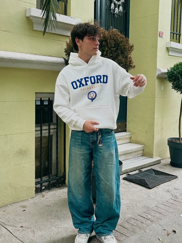 Oxford University Baskılı Oversize Unisex Beyaz Hoodie