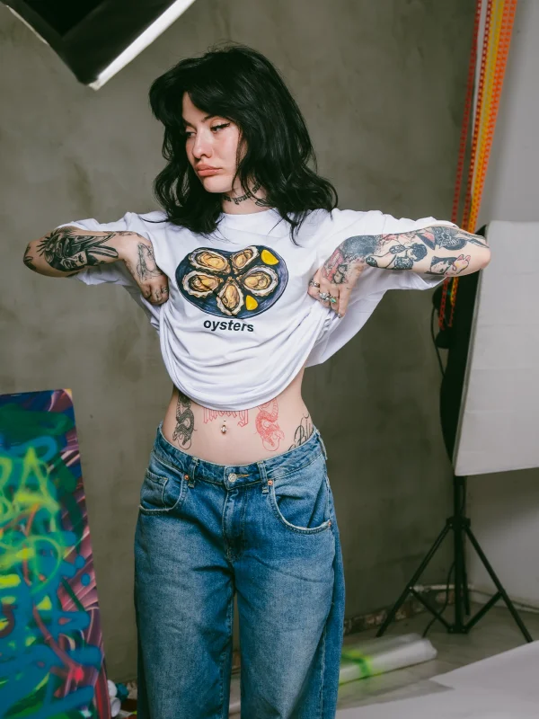 Oysters Baskılı Oversize Unisex Beyaz Tshirt