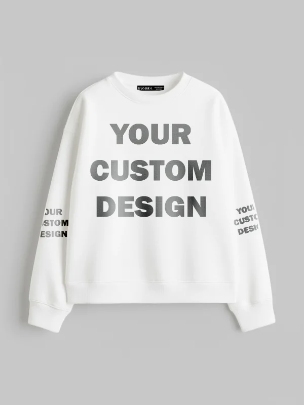 Özel Tasarım Kapüşonsuz Relaxed Fit Kadın Beyaz Basic Sweatshirt