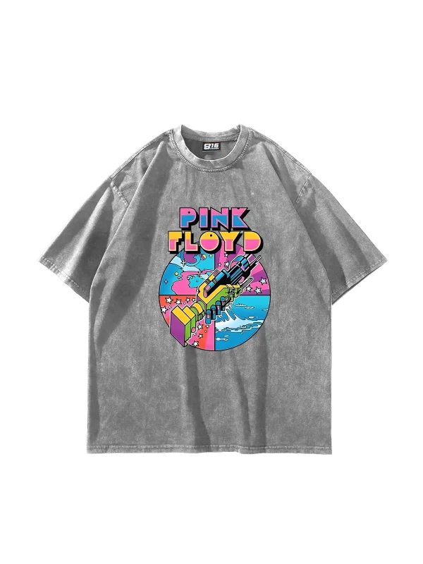 P. Floyd Baskılı Yıkamalı Beyaz Oversize Unisex Tshirt