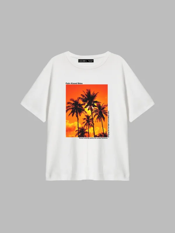 Palm Kissed Baskılı Relaxed Fit Beyaz Kadın Tshirt