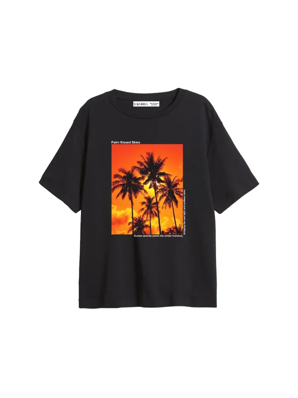 Palm Kissed Baskılı Relaxed Fit Siyah Kadın Tshirt
