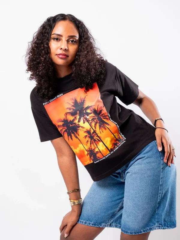Palm Kissed Baskılı Relaxed Fit Siyah Kadın Tshirt