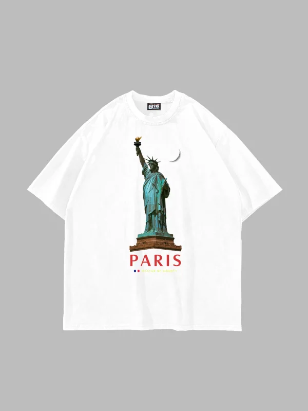 Parıs State Of Lıberty Baskılı Oversize Unisex Beyaz Tshirt