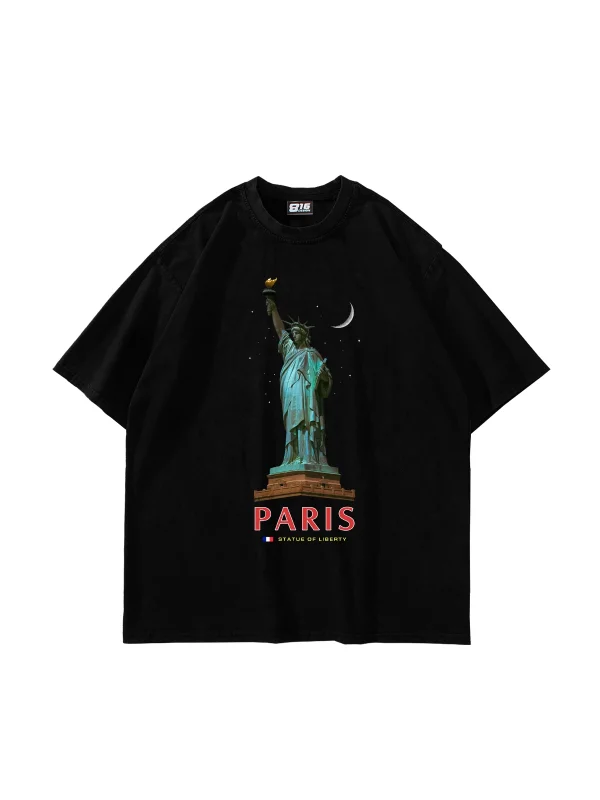 Parıs State Of Lıberty Baskılı Oversize Unisex Siyah Tshirt