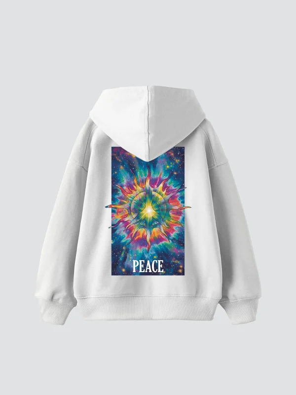Peace Baskılı Oversize Unisex Beyaz Hoodie