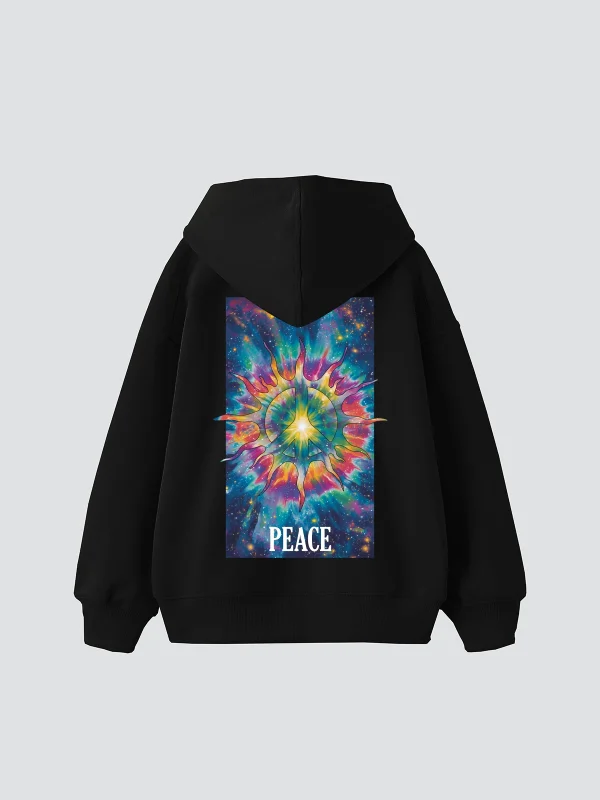 Peace Baskılı Oversize Unisex Siyah Hoodie