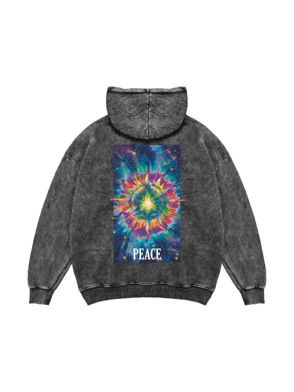 Peace Baskılı Oversize Unisex Yıkamalı Siyah Hoodie