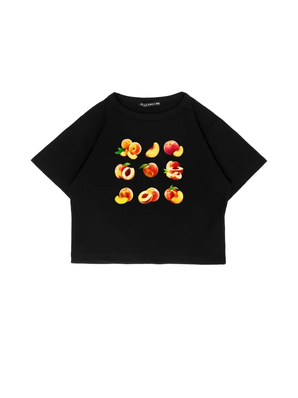 Peach Baskılı Siyah Crop Top