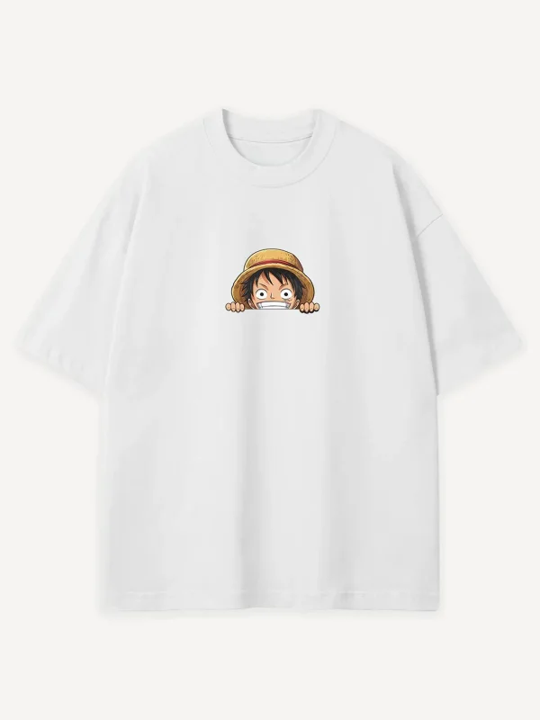 Peekaboo Luffy Baskılı Beyaz Oversize Tshirt