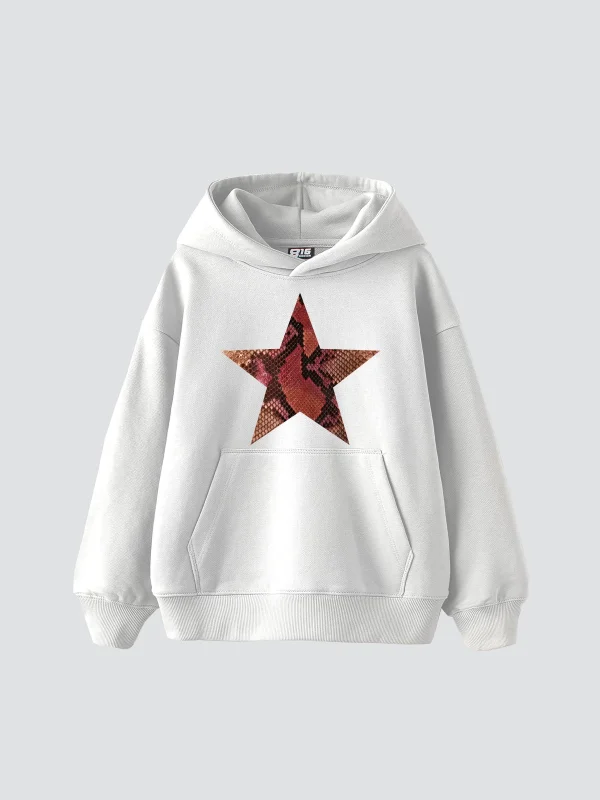 Pembe Yılan Starz Baskılı Oversize Unisex Premium Beyaz Hoodie