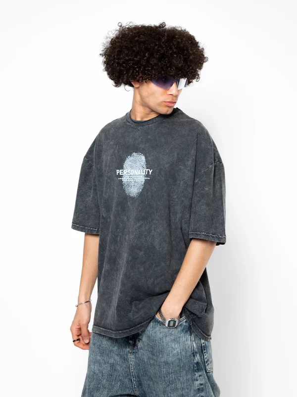 Personality Baskılı Oversize Unisex Yıkamalı Siyah Tshirt