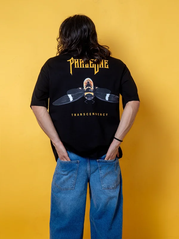PhaseoneV2 Baskılı 24/1 Oversize Unisex Siyah Tshirt