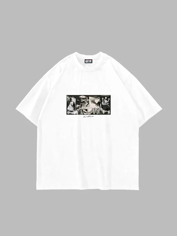 Picasso Guernica Baskılı Oversize Unisex Beyaz Tshirt