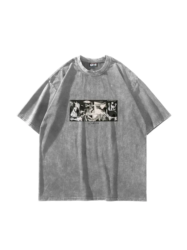 Picasso Guernica Baskılı Oversize Unisex Yıkamalı Beyaz Tshirt