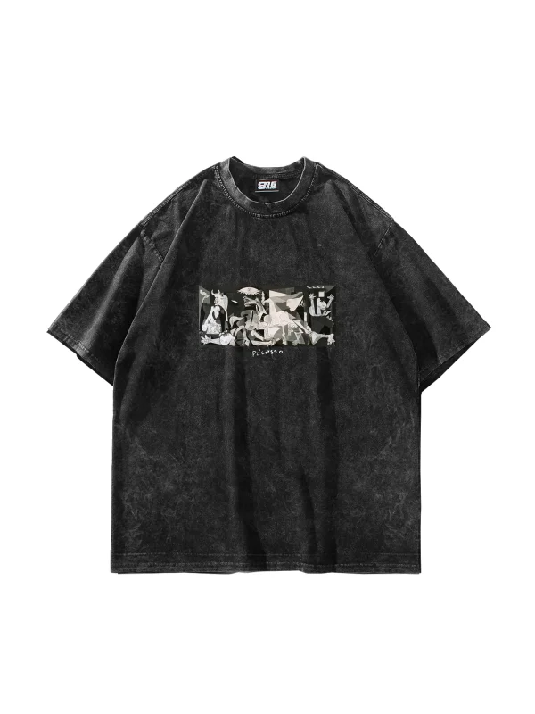Picasso Guernica Baskılı Oversize Unisex Yıkamalı Siyah Tshirt